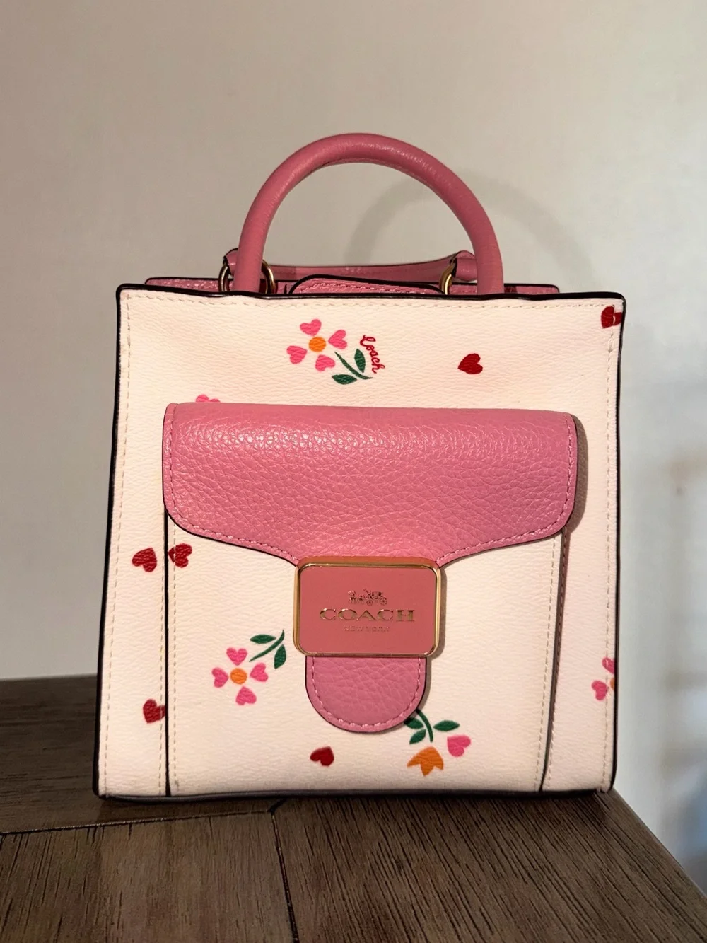 Coach White Mini Satchel with Pink Trim and Floral Print